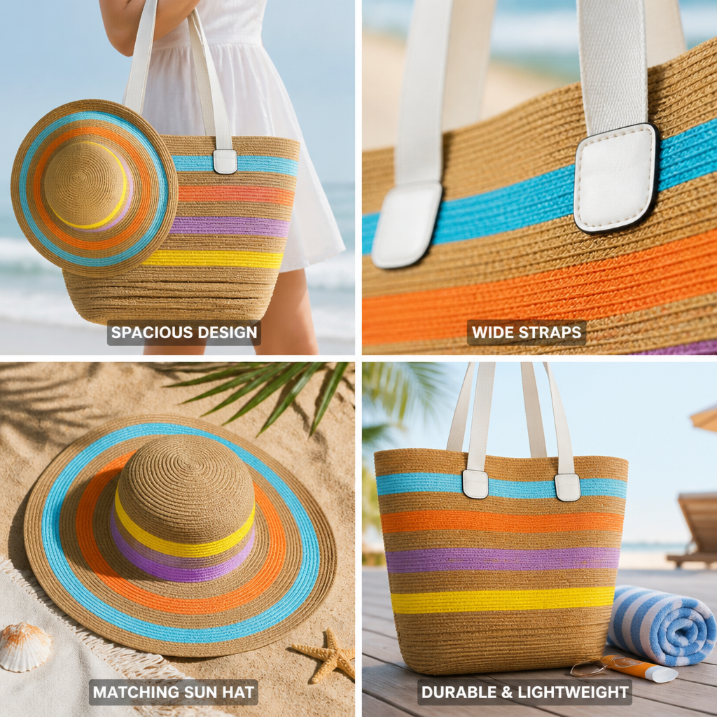 Wide-Strap Lightweight Striped Beach Tote & Matching Sun Hat