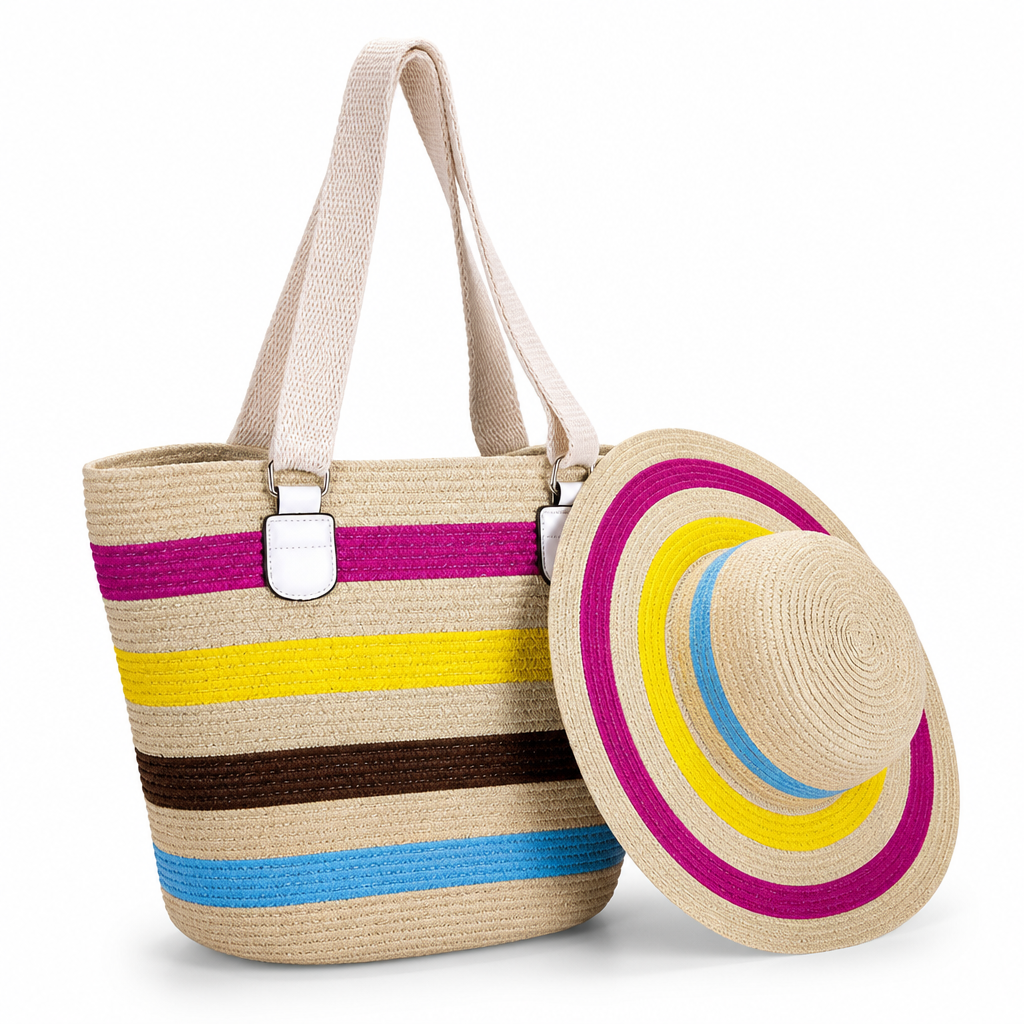 Wide-Strap Lightweight Striped Beach Tote & Matching Sun Hat