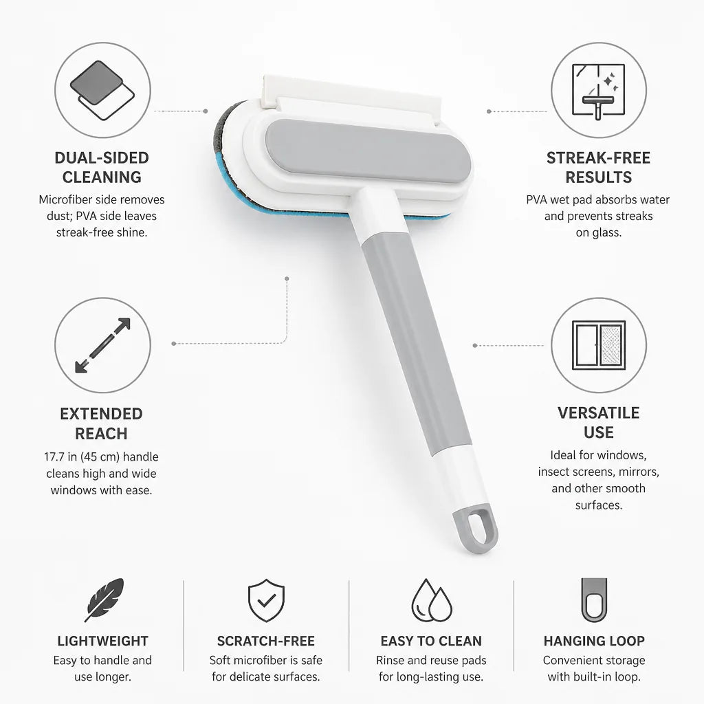 Window Cleaning Brush Microfiber & PVA Streak-Free
