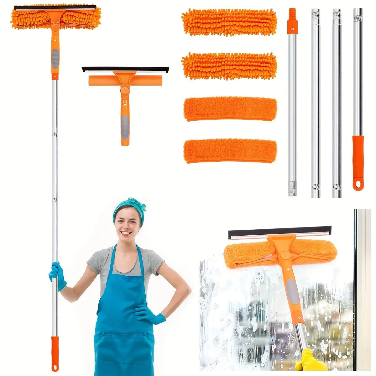Window Cleaning Tool 2-in-1 Scrubber & Squeegee Telescopic Pole