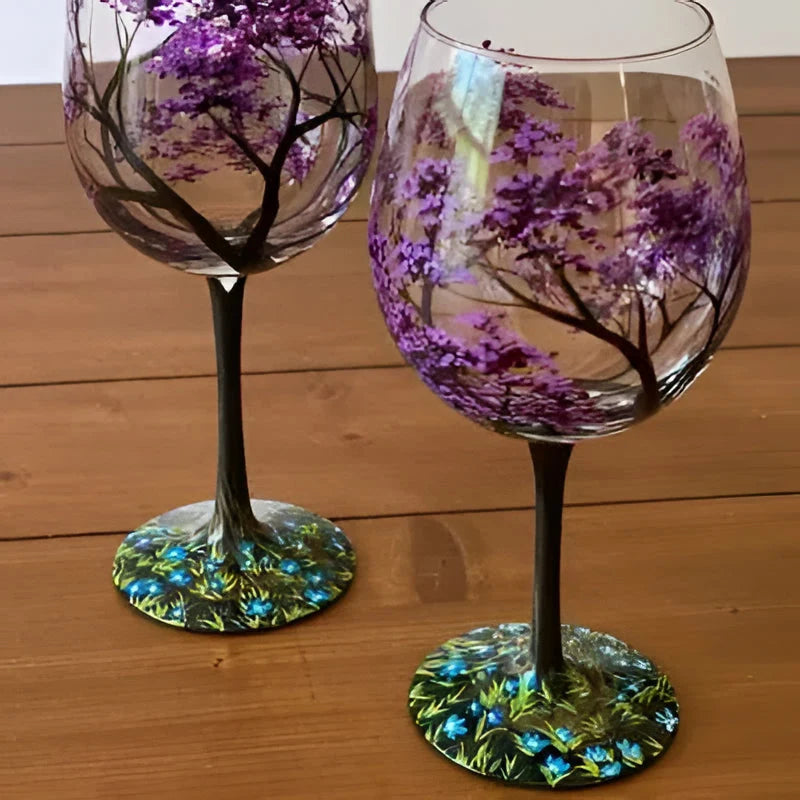Wine Glass Hand Painted Seasonal Tree 12oz Dishwasher Safe