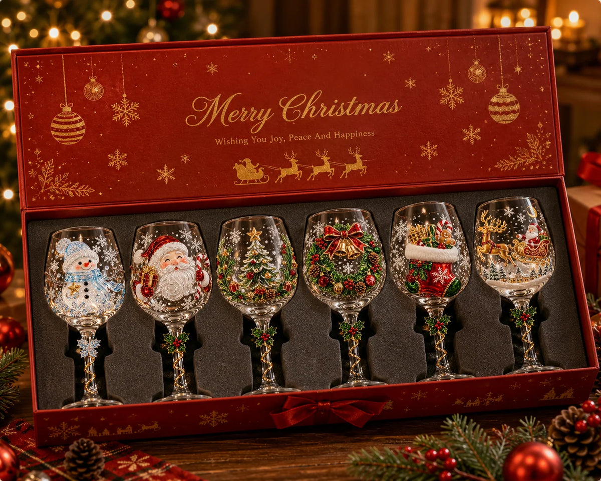 Wine Glasses Stemmed Raised Christmas Motifs Set of 6