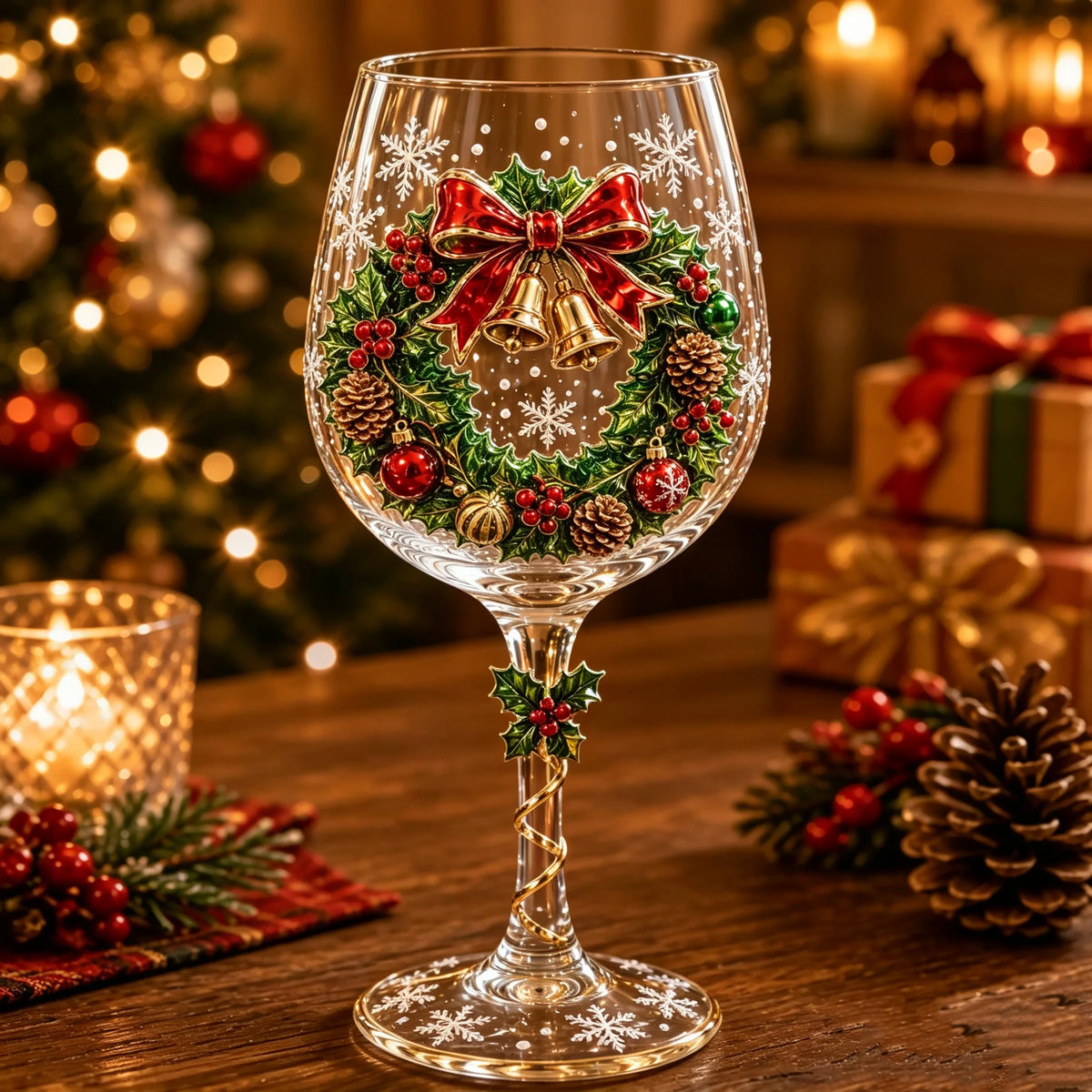 Wine Glasses Stemmed Raised Christmas Motifs Set of 6