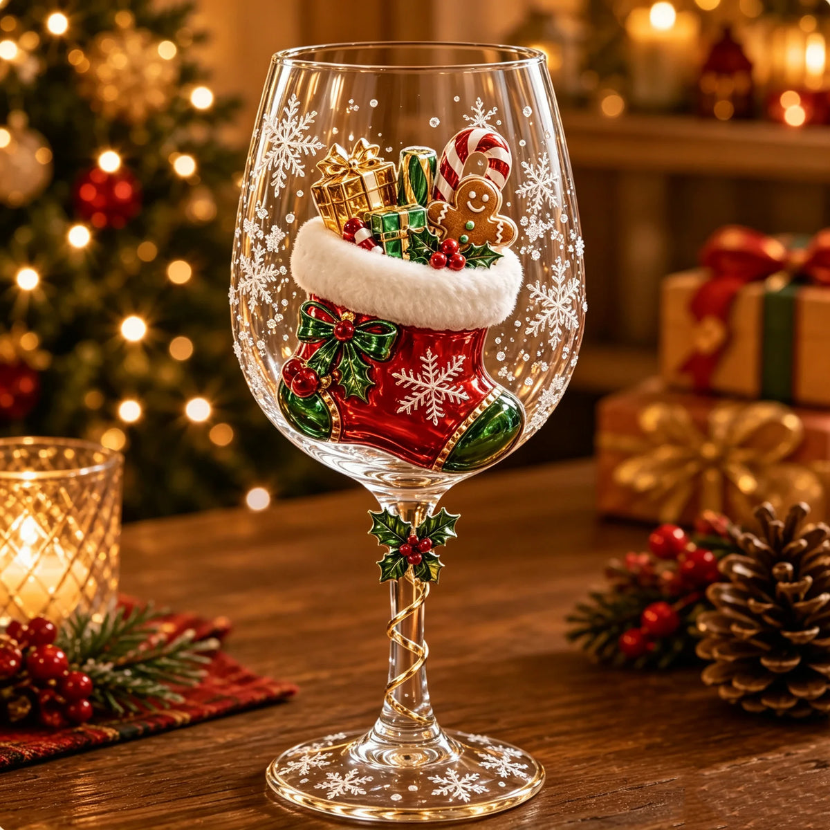 Wine Glasses Stemmed Raised Christmas Motifs Set of 6