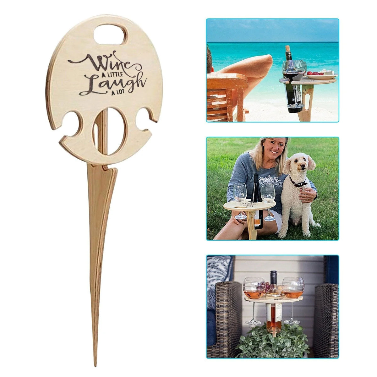 Wine Picnic Table Foldable Wooden Bottle & Glass Holders
