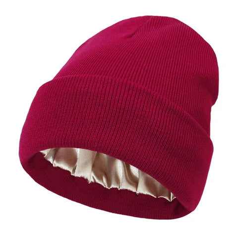 Winter Beanie Wool Outer Silk Lining Hair-Friendly Comfort