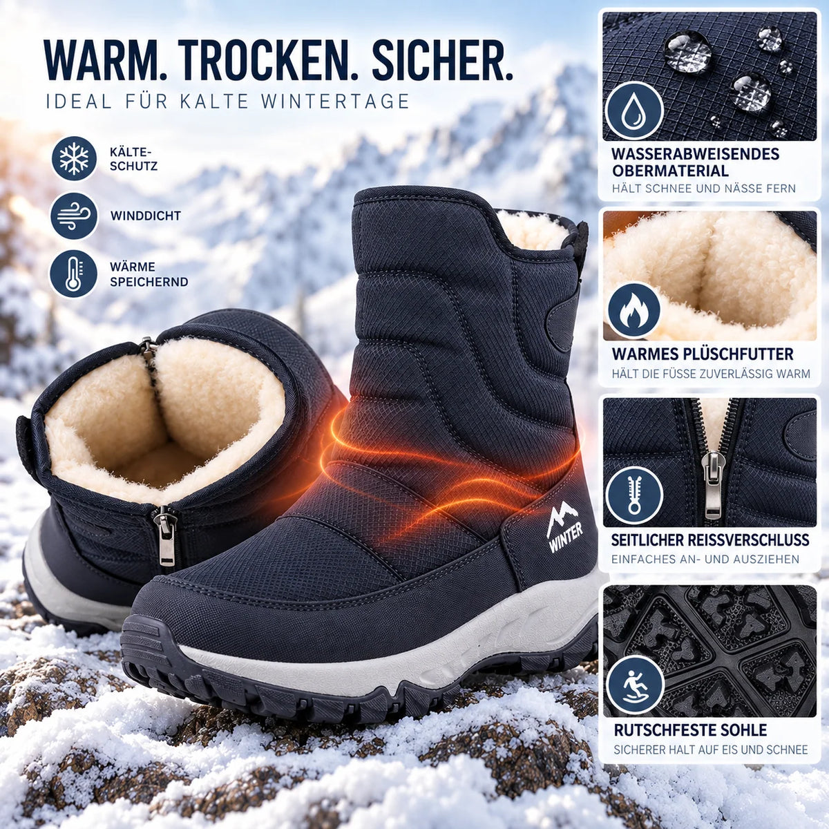 Winter Boots Water-Repellent Plush-Lined Non-Slip Sole