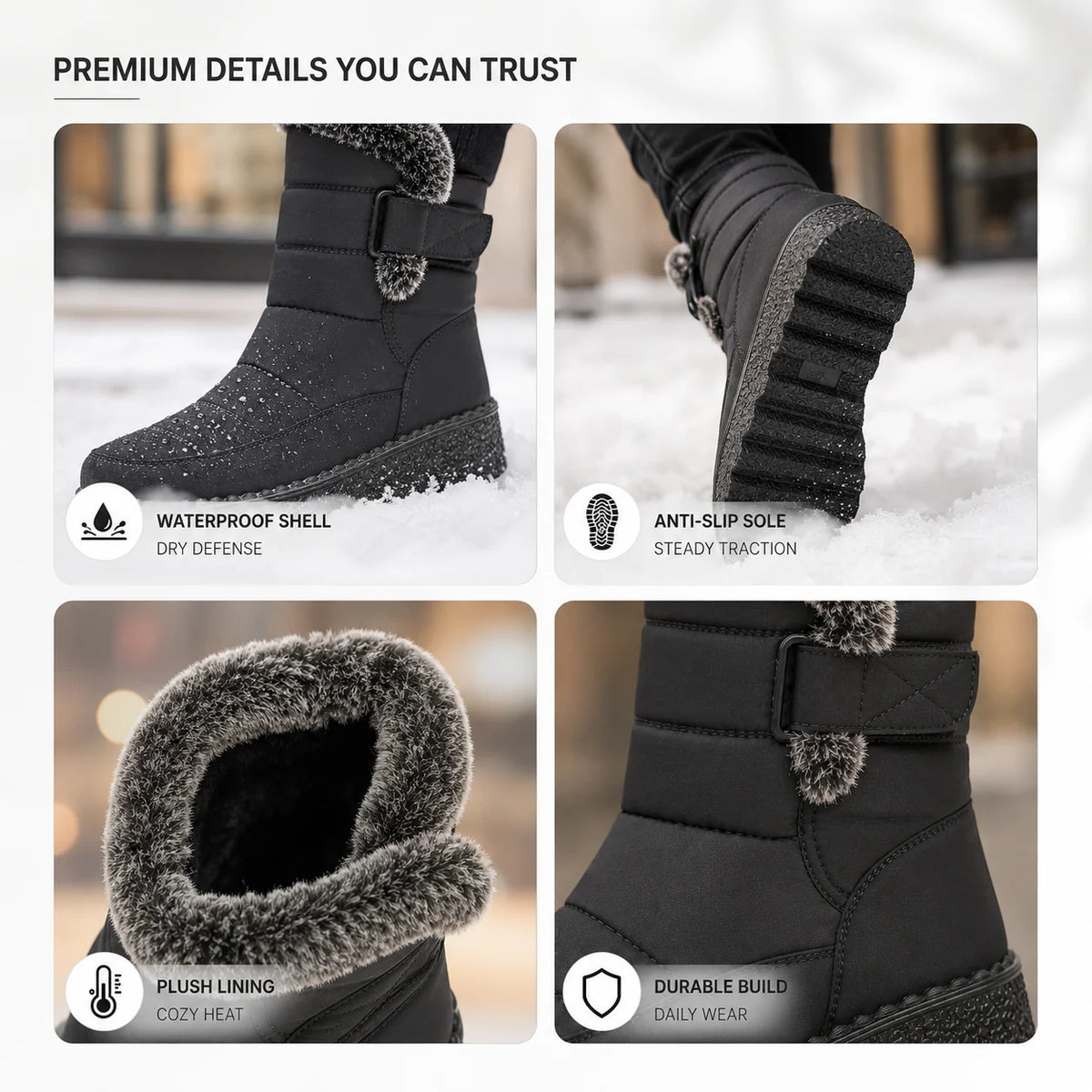 Winter Boots Waterproof Plush-Lined Slip-Resistant Sole