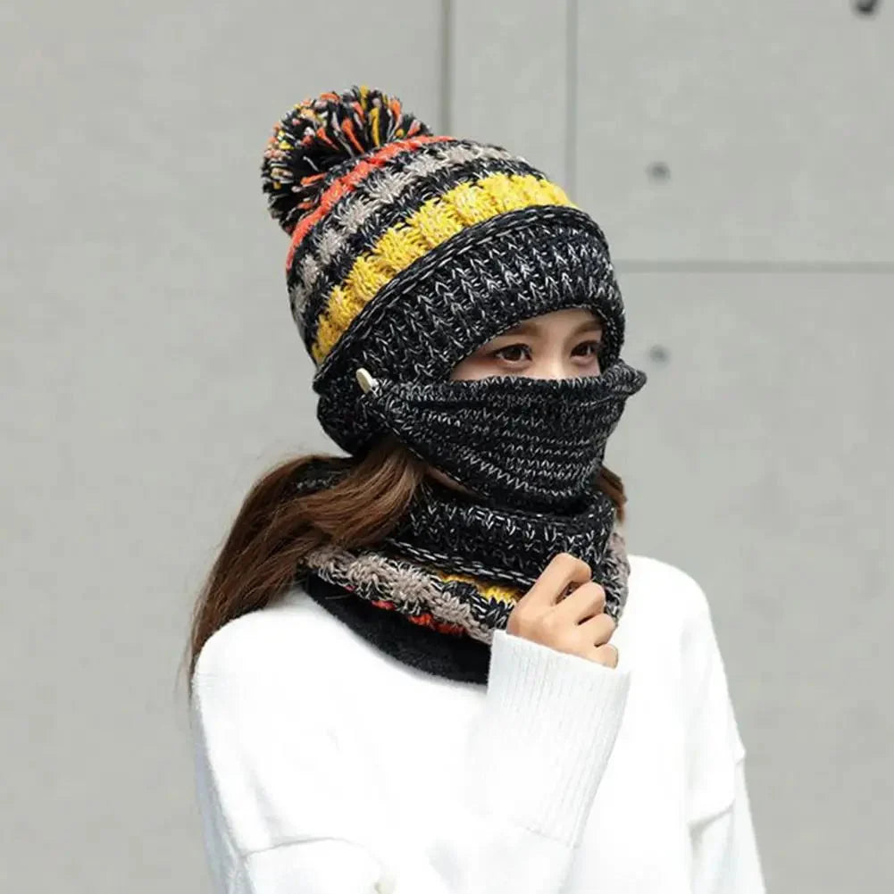 Winter Hat & Scarf Set Velvet-Lined Removable Face Mask