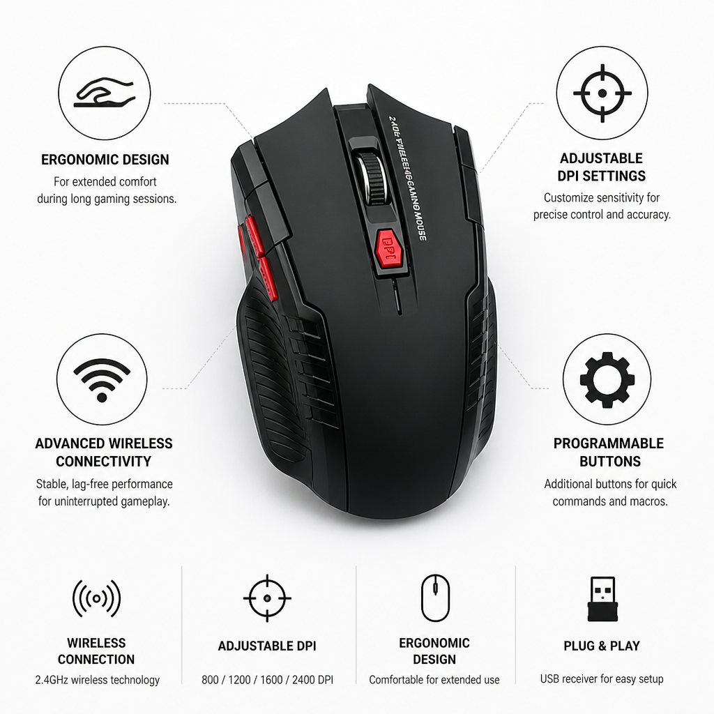 Wireless Ergonomic Adjustable DPI Gaming Mouse