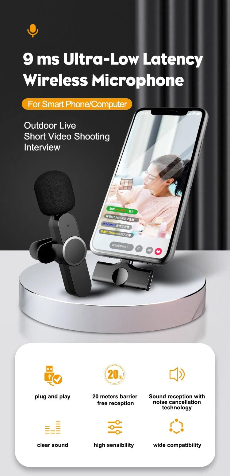 Wireless Microphone Clip-On Smartphone Compatible 65.6 Ft Range