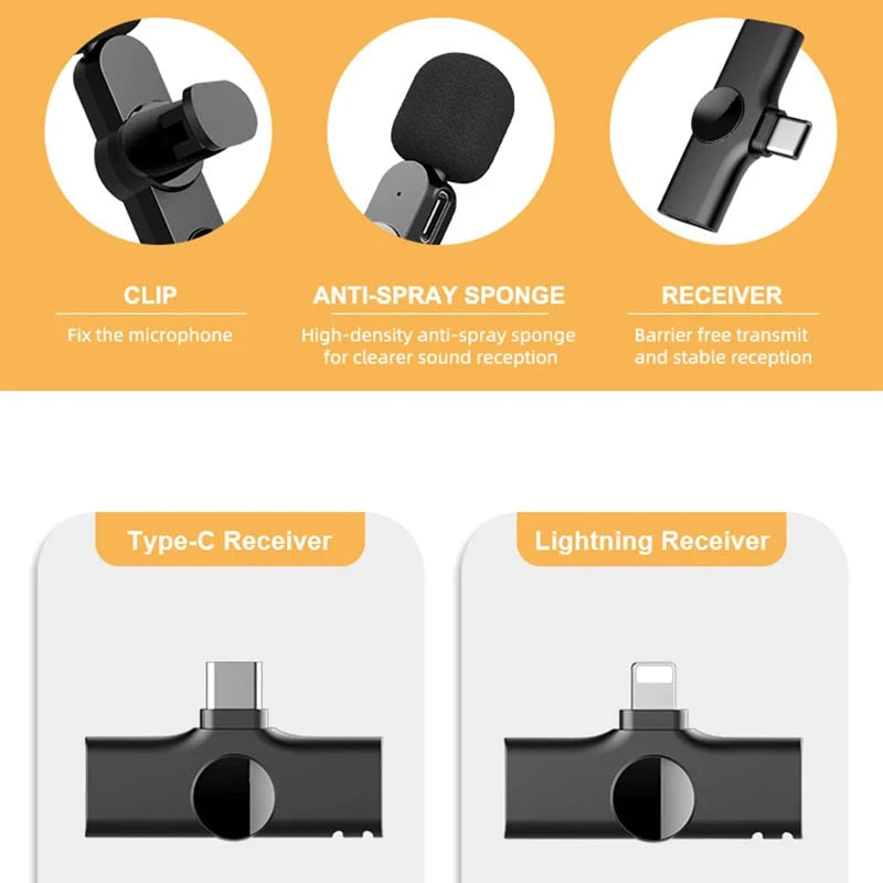 Wireless Microphone Clip-On Smartphone Compatible 65.6 Ft Range