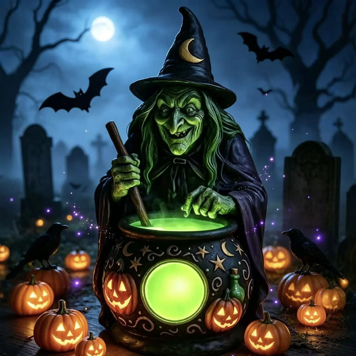 Witch Figurine Glowing Cauldron Weatherproof Polyresin