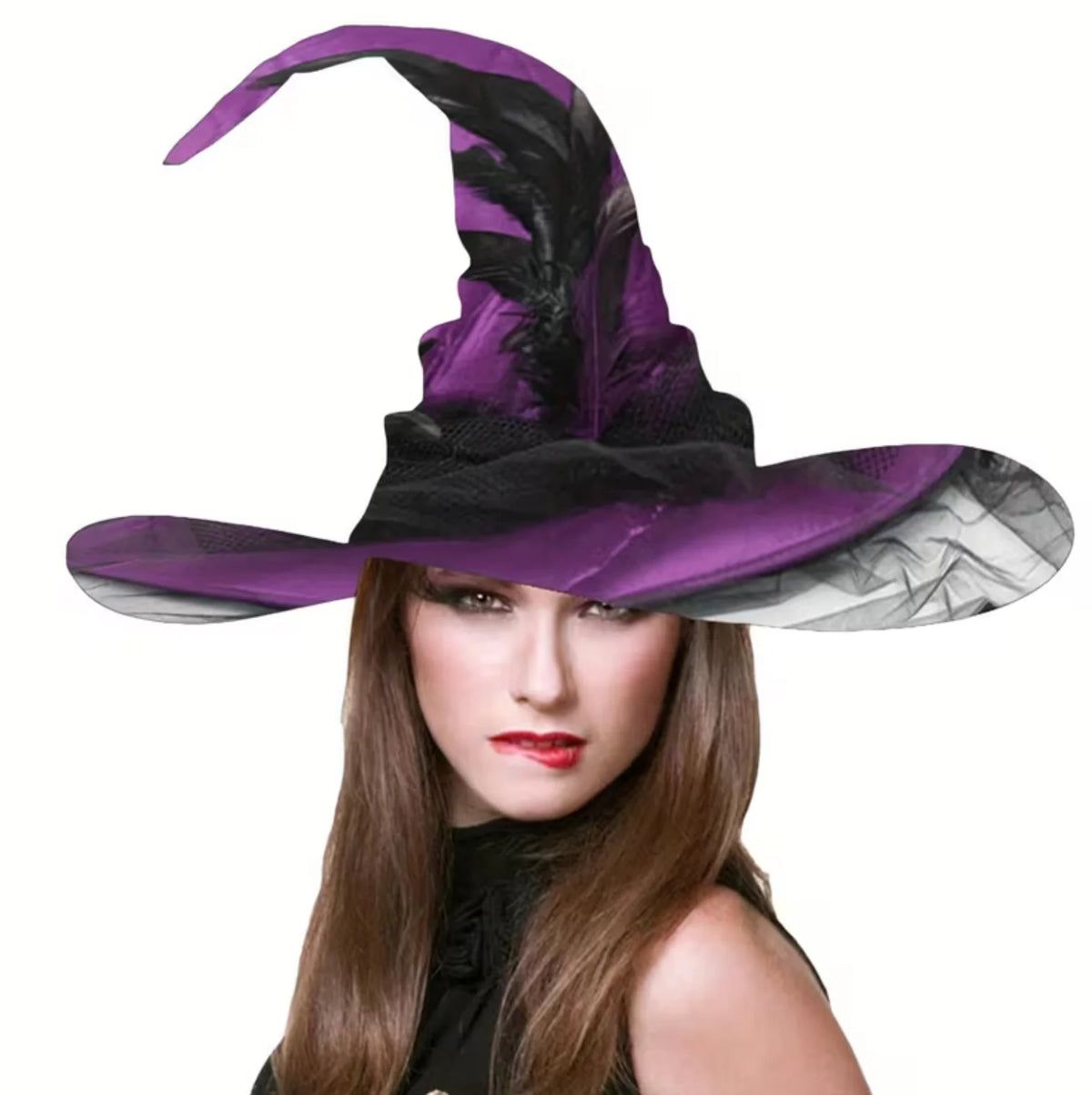 Witch Hat Attached Sheer Veil Adjustable Fit