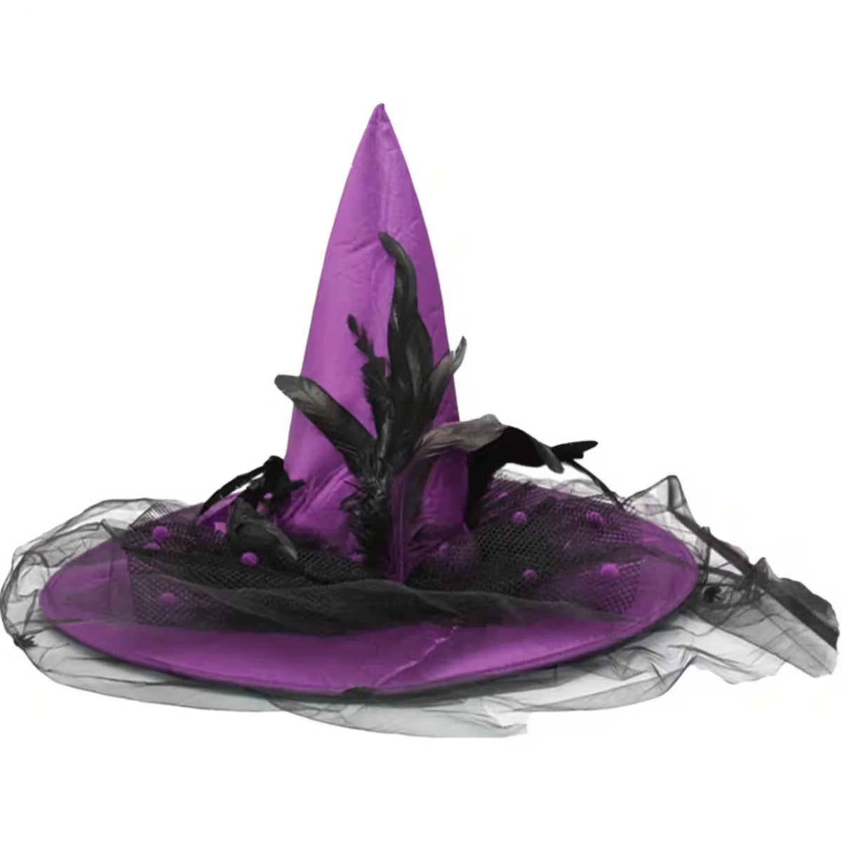 Witch Hat Attached Sheer Veil Adjustable Fit