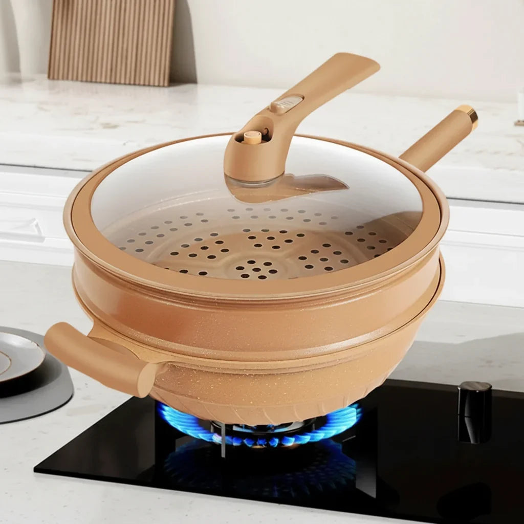 Wok Pan Nonstick Sloped Sides Steamer Insert & Lid