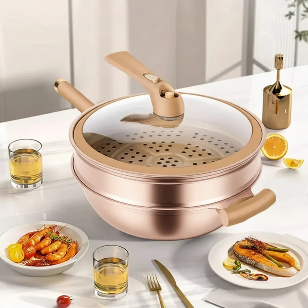 Wok Pan Nonstick Sloped Sides Steamer Insert & Lid