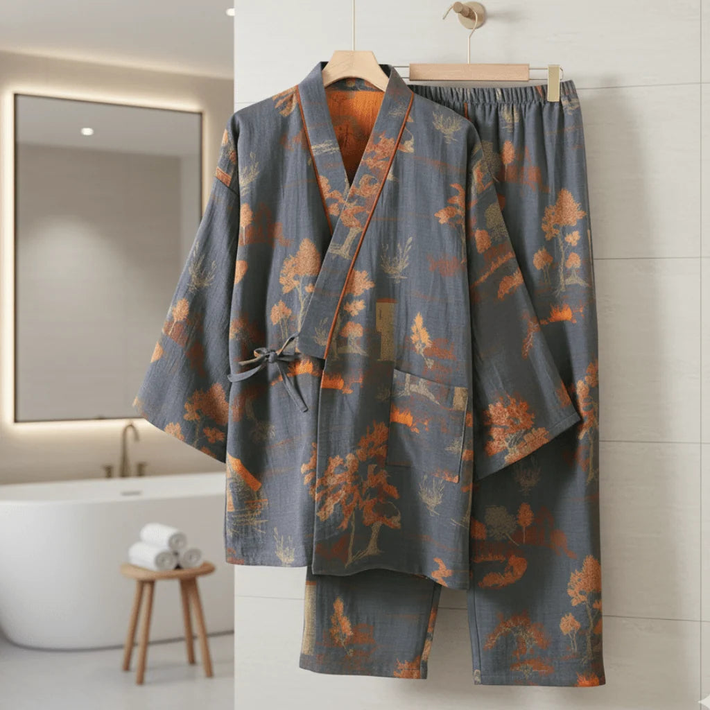 Women's Cotton Pajama Set Kimono Style Watercolor Print Breathable Comfort