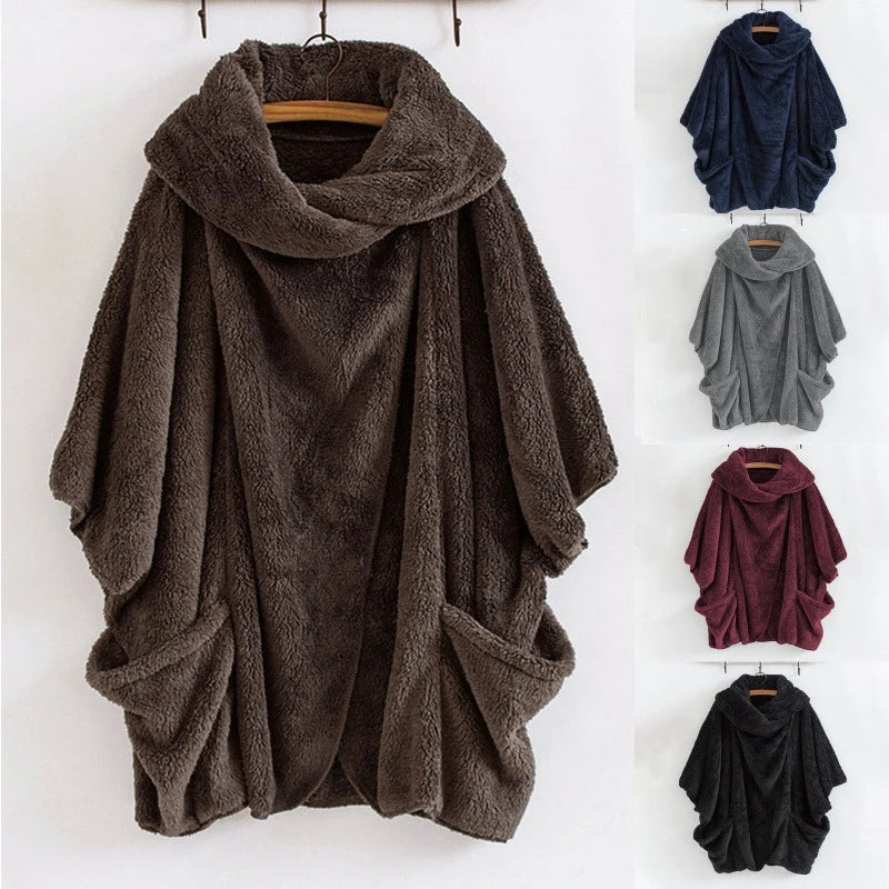 Women's Fleece Poncho Oversized Fit Kangaroo Pockets Funnel Neck