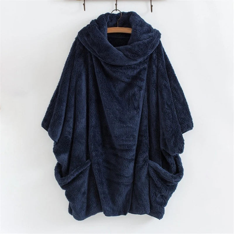 Women's Fleece Poncho Oversized Fit Kangaroo Pockets Funnel Neck