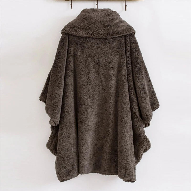 Women's Fleece Poncho Oversized Fit Kangaroo Pockets Funnel Neck