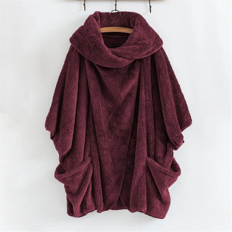 Women's Fleece Poncho Oversized Fit Kangaroo Pockets Funnel Neck