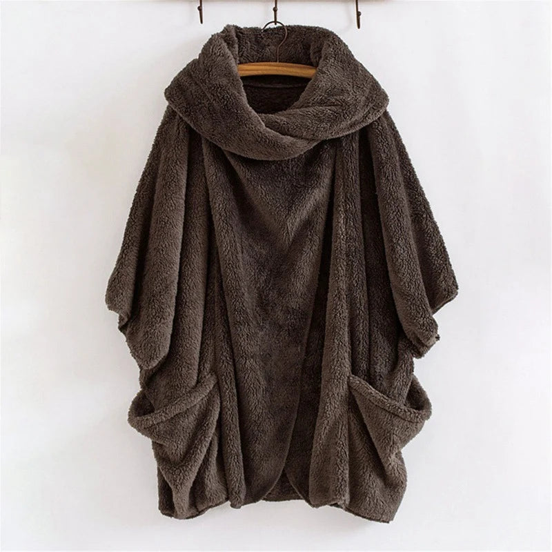 Women's Fleece Poncho Oversized Fit Kangaroo Pockets Funnel Neck