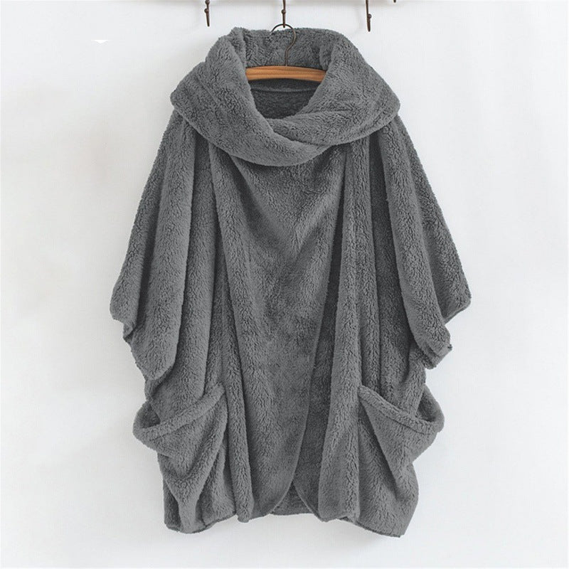 Women's Fleece Poncho Oversized Fit Kangaroo Pockets Funnel Neck