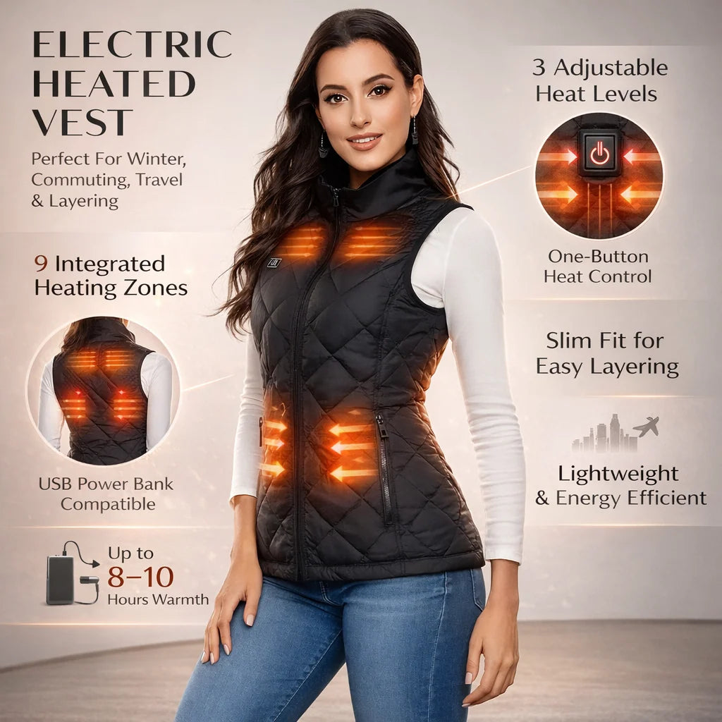 Women's Heated Vest USB Powered Nine Heating Zones Three Heat Levels