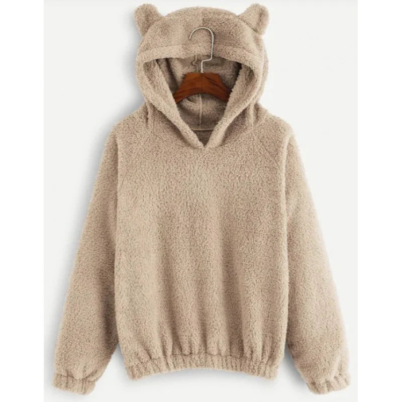 Women's Hoodie Teddy Fleece Bear-Ear Hood Front Pockets