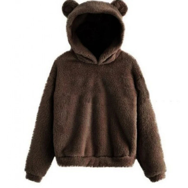 Women's Hoodie Teddy Fleece Bear-Ear Hood Front Pockets