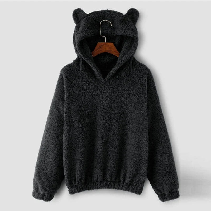 Women's Hoodie Teddy Fleece Bear-Ear Hood Front Pockets