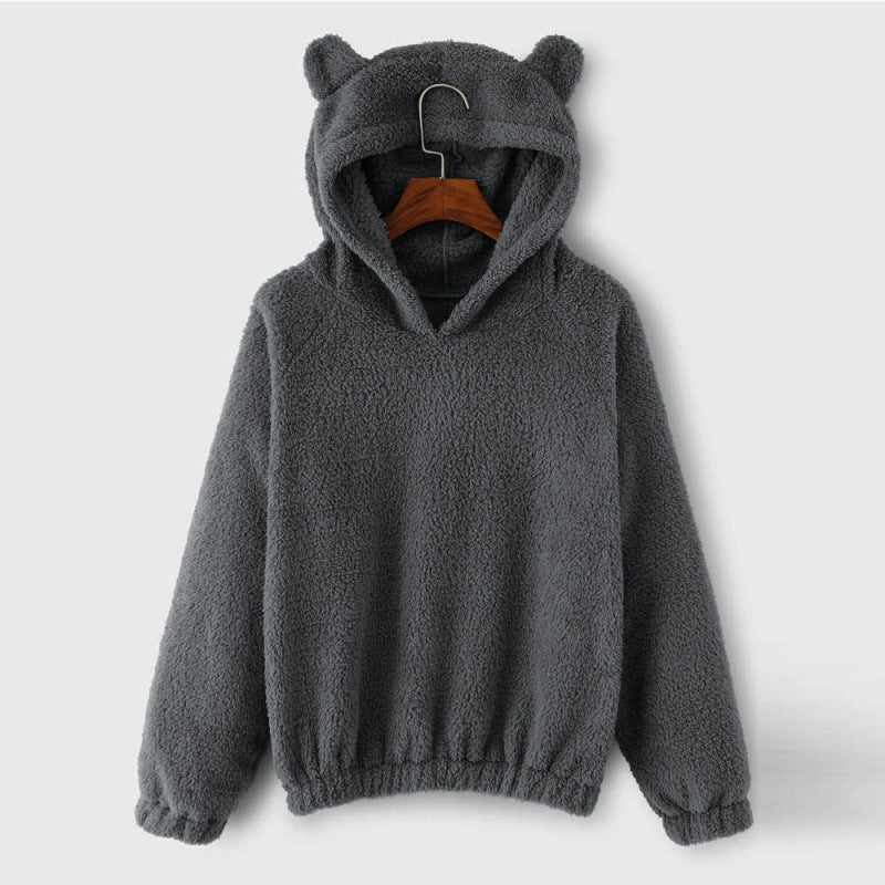 Women's Hoodie Teddy Fleece Bear-Ear Hood Front Pockets