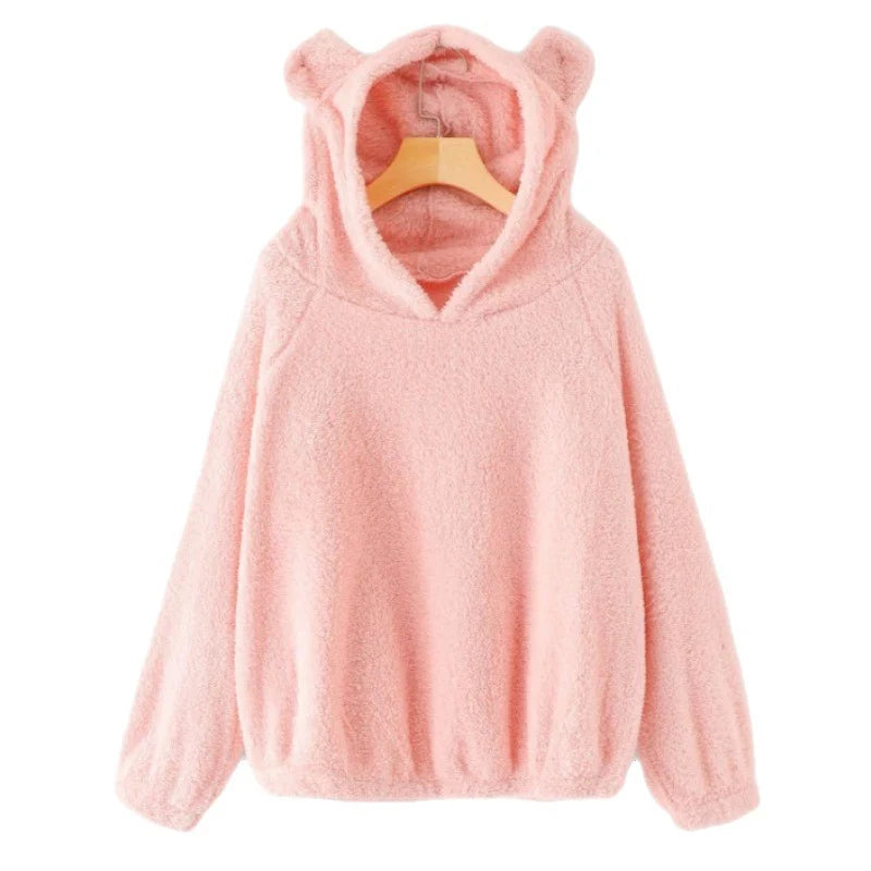 Women's Hoodie Teddy Fleece Bear-Ear Hood Front Pockets