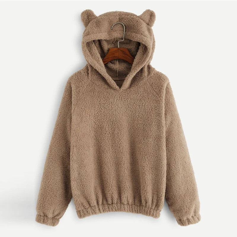 Women's Hoodie Teddy Fleece Bear-Ear Hood Front Pockets