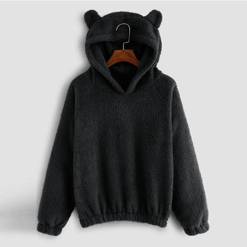 Women's Hoodie Teddy Fleece Bear-Ear Hood Front Pockets