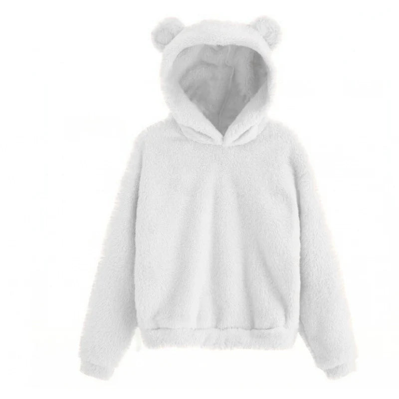 Women's Hoodie Teddy Fleece Bear-Ear Hood Front Pockets