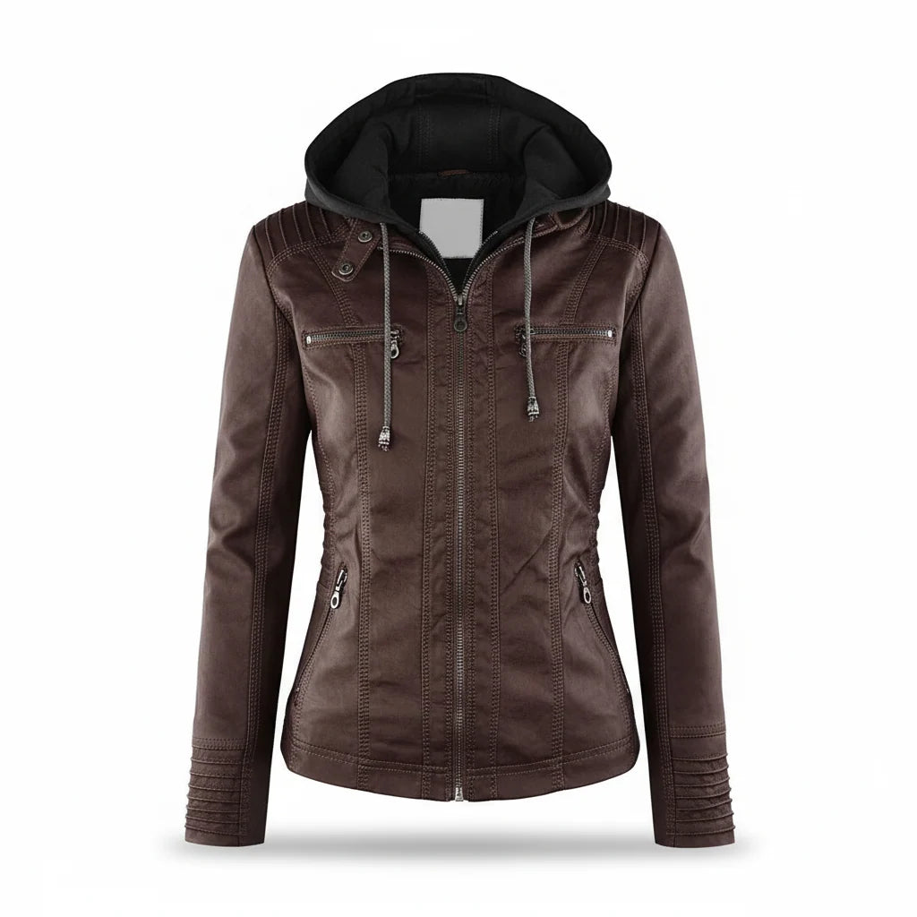 Women's Leather Jacket Hooded Insulated Zip Front