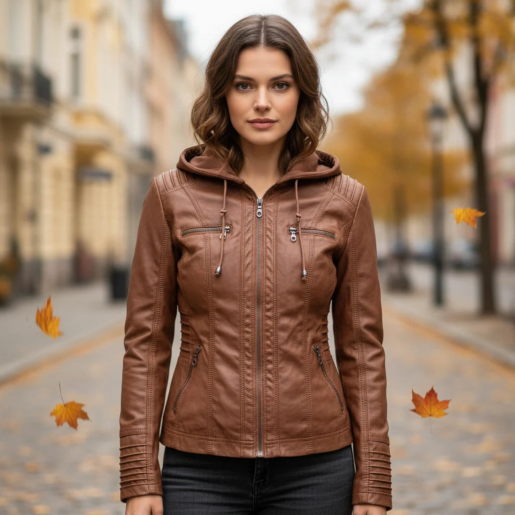 Women's Leather Jacket Hooded Insulated Zip Front