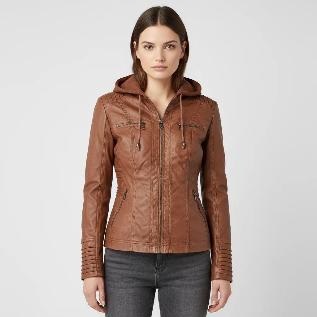 Women's Leather Jacket Hooded Insulated Zip Front