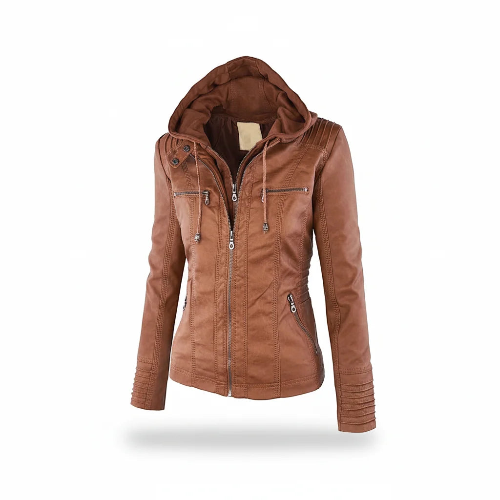 Women's Leather Jacket Hooded Insulated Zip Front