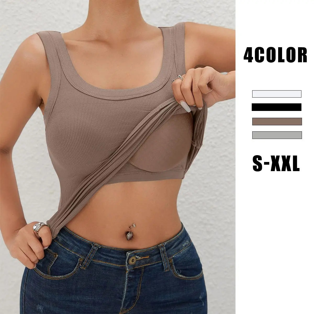 Women's Tank Top Ribbed Seamless Built-In Bra Removable Pads