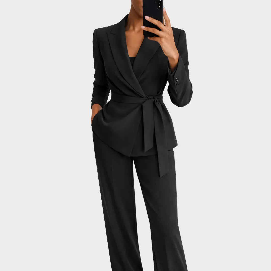 Women's Two-Piece Suit Adjustable Tie-Waist Wide-Leg Trousers