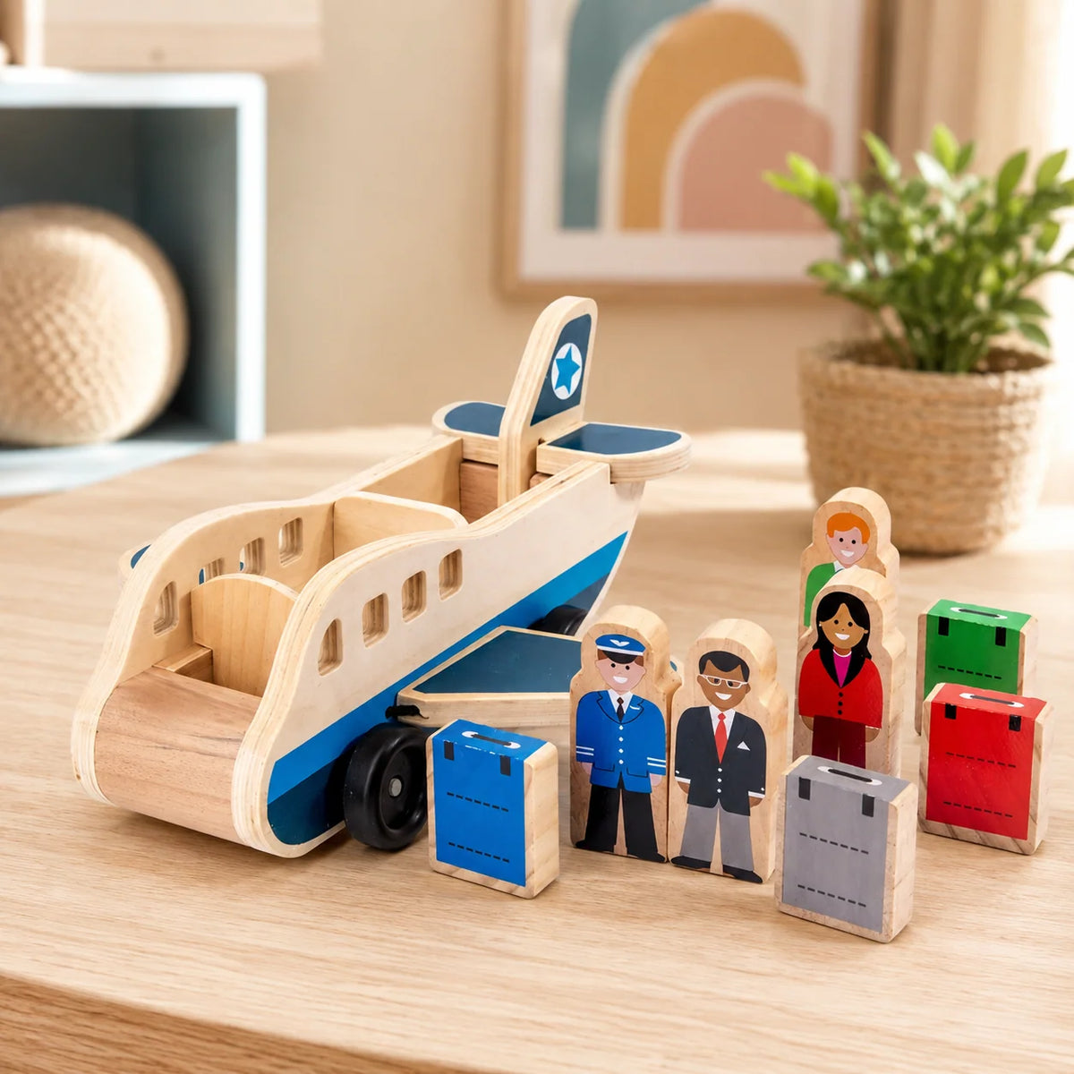 Wooden Airplane Toy Solid Wood Push-Pull With Two Pilots