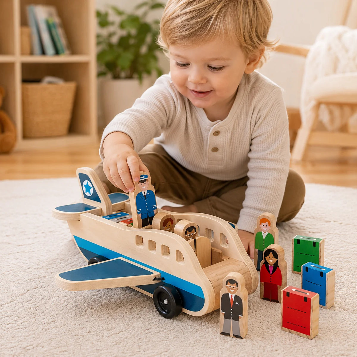 Wooden Airplane Toy Solid Wood Push-Pull With Two Pilots