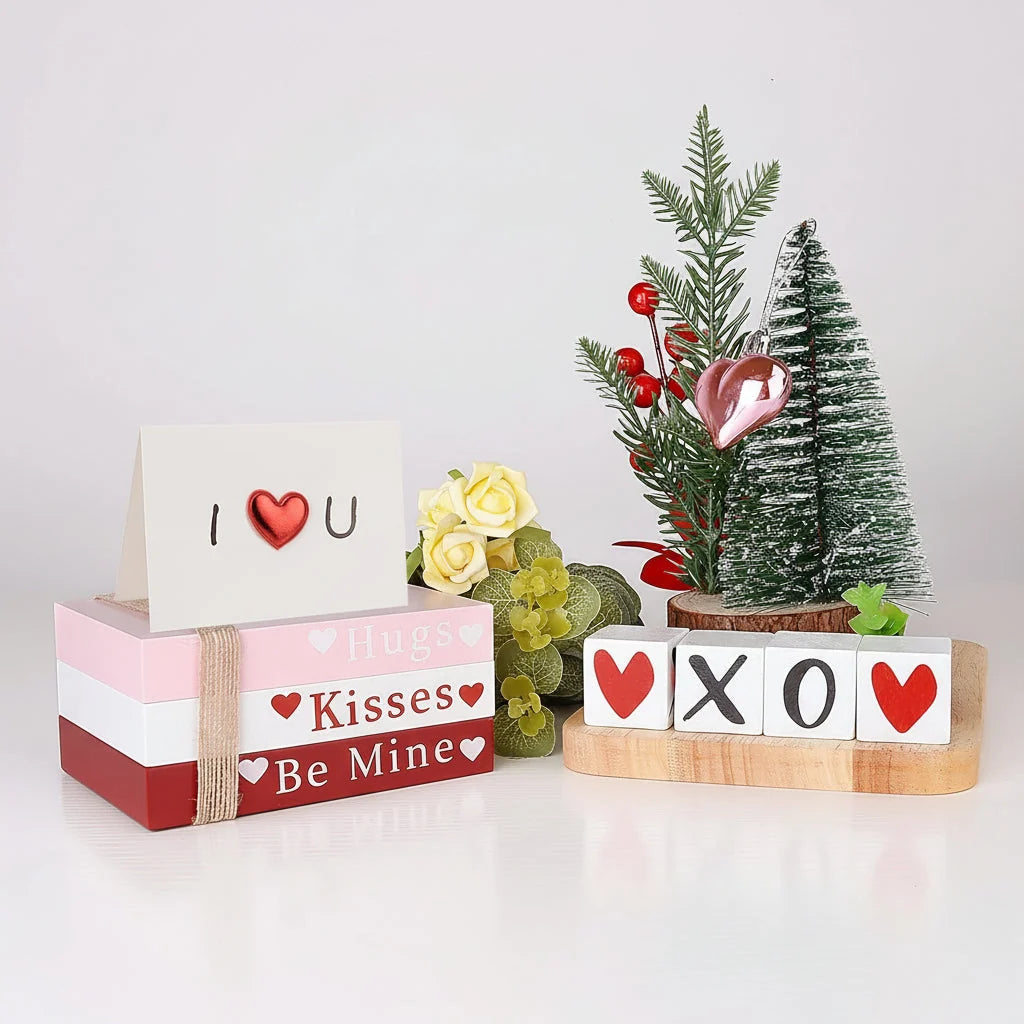 Wooden Book Stack Hand-Lettered Valentine Removable Heart