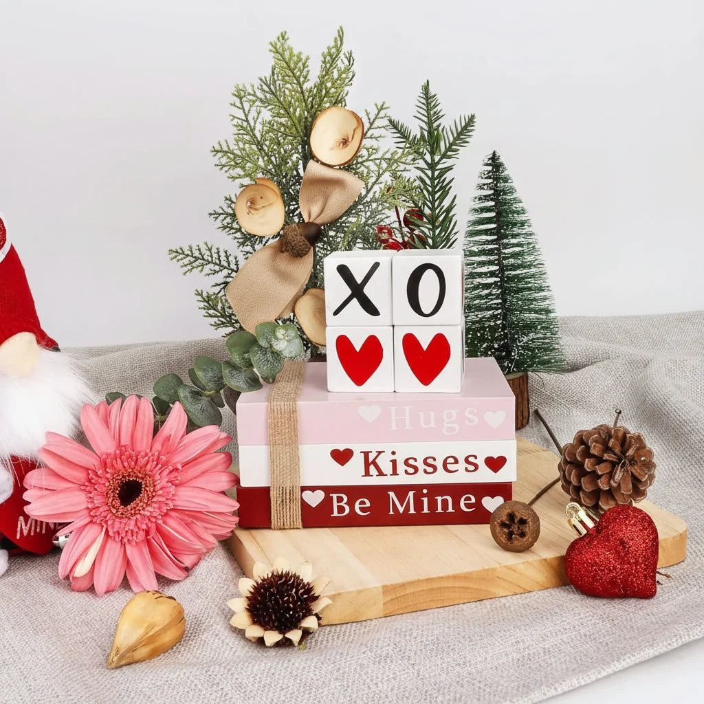 Wooden Book Stack Hand-Lettered Valentine Removable Heart