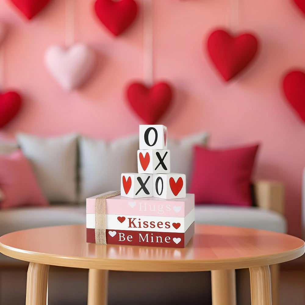 Wooden Book Stack Hand-Lettered Valentine Removable Heart