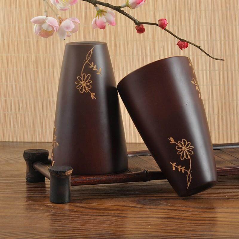 Wooden Mug Natural Finish Floral Design