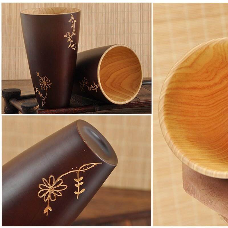 Wooden Mug Natural Finish Floral Design